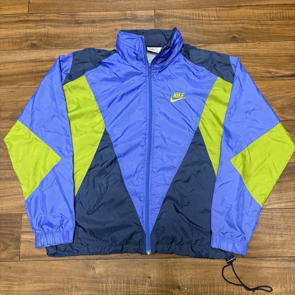 Vintage 90s Nike Windbreaker Jacket Blue Yellow Packable Hood Light Size Medium